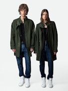 Parka Kadri - Parka mi-longue en coton kaki inspiration militaire zippée à boutons pression et col montant à protection amovible.