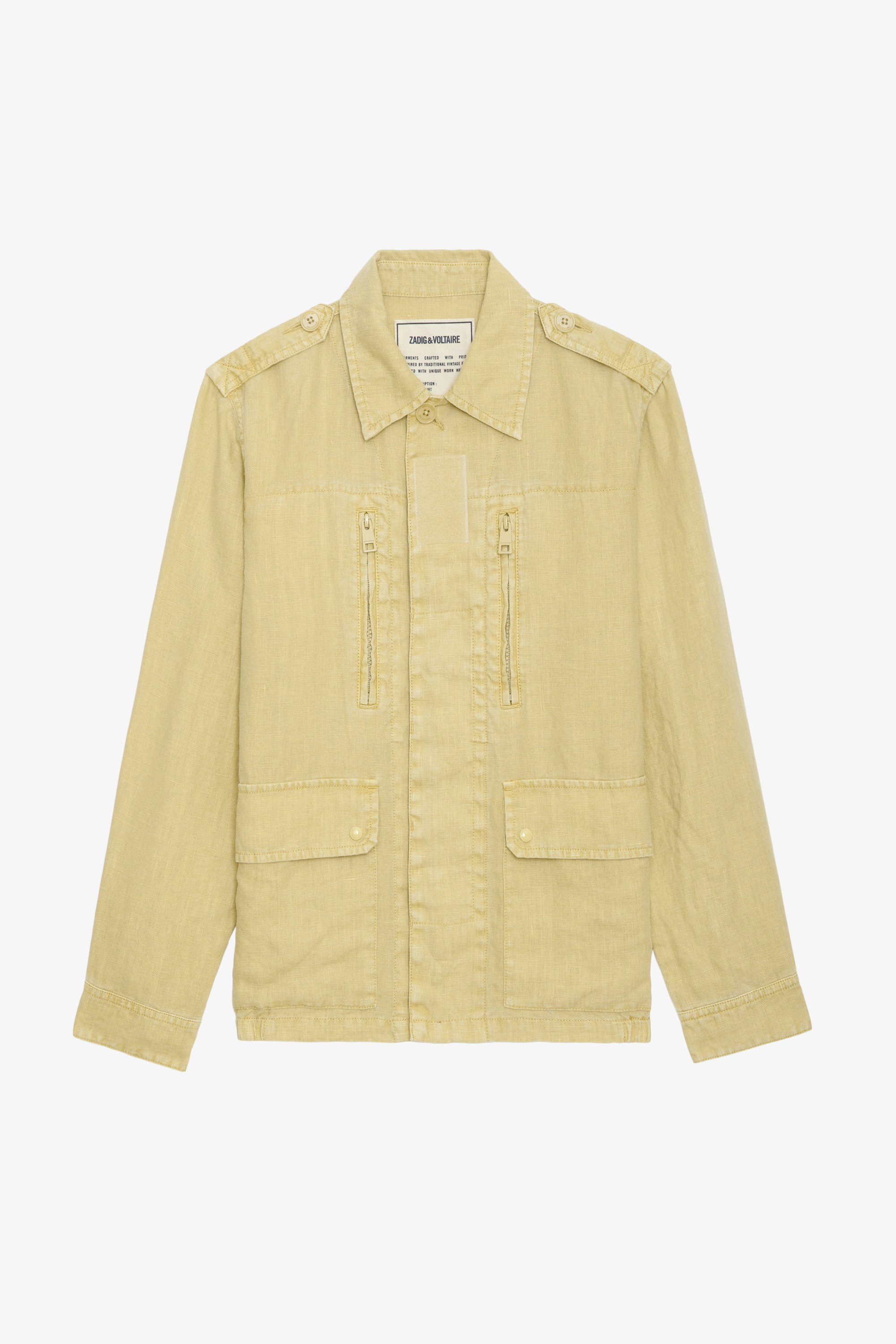 Kid Peace & Love Linen Jacket - Light yellow linen military jacket with pockets and “Peace Love” wings motif on the back.