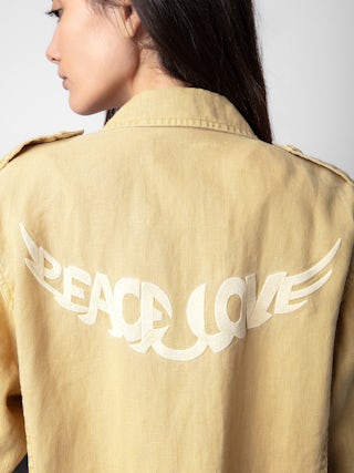 Veste Kid Lin - Veste militaire en lin jaune clair à poches et motif ailes "Peace Love" au dos.