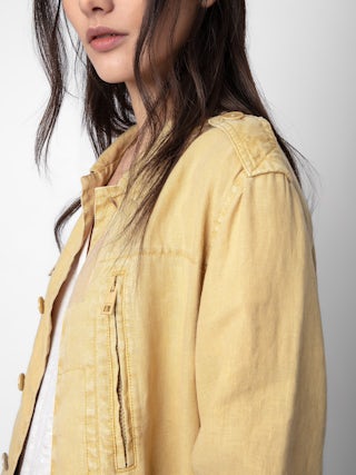 Veste Kid Lin - Veste militaire en lin jaune clair à poches et motif ailes "Peace Love" au dos.