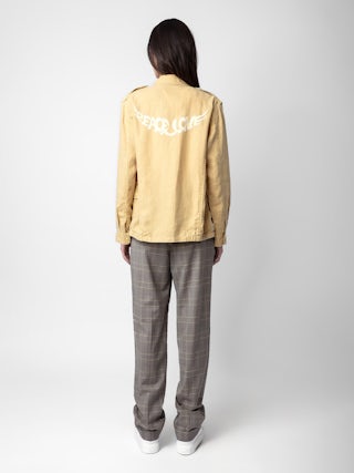 Veste Kid Lin - Veste militaire en lin jaune clair à poches et motif ailes "Peace Love" au dos.