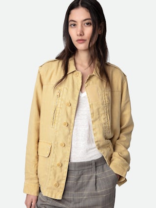 Veste Kid Lin - Veste militaire en lin jaune clair à poches et motif ailes "Peace Love" au dos.