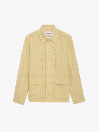 Veste Kid Lin - Veste militaire en lin jaune clair à poches et motif ailes "Peace Love" au dos.