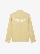 Giacca Kid Peace & Love Lino - Giacca militare in lino giallo chiaro con tasche e motivo con ali "Peace Love" sul retro.