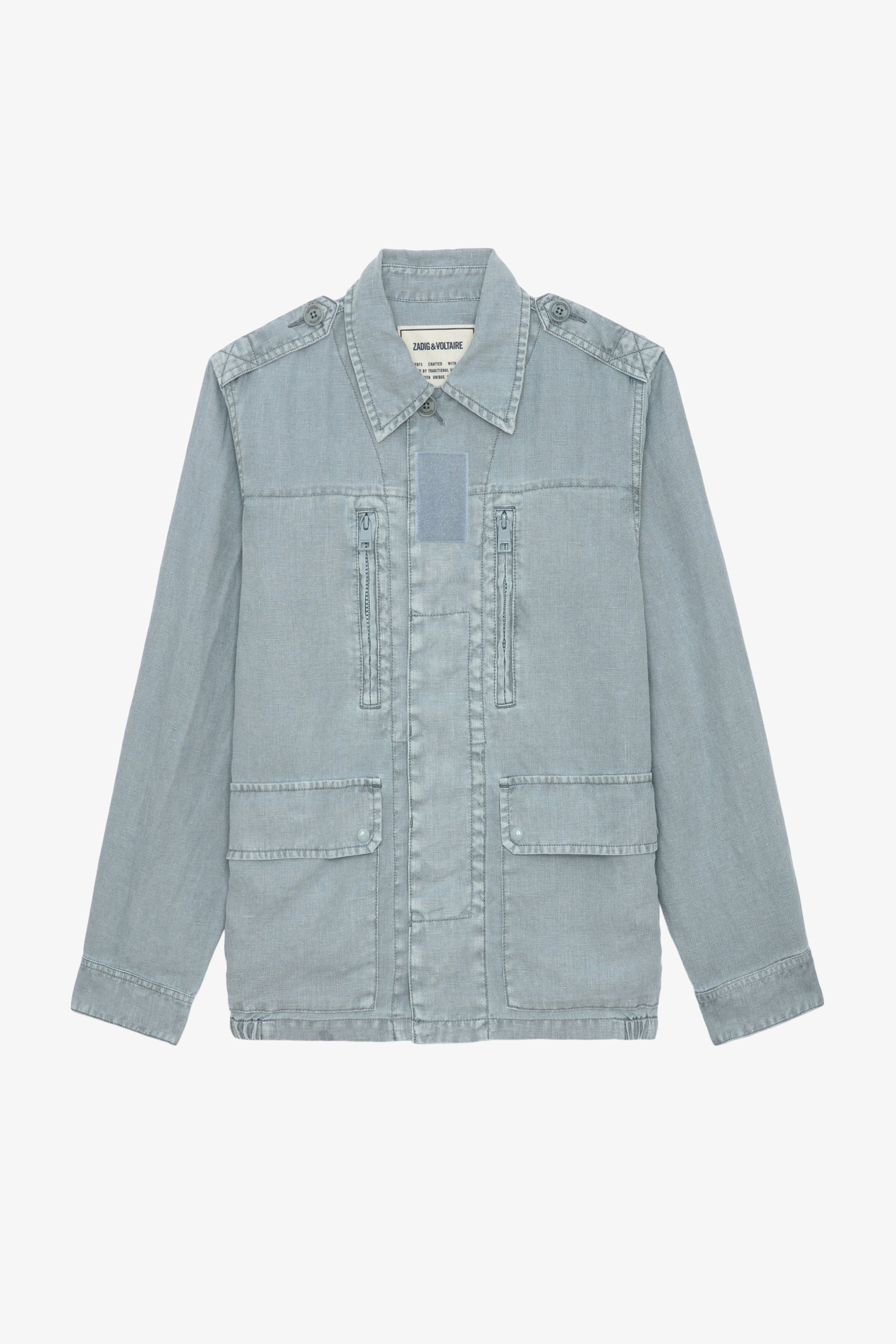 Kid Linen Jacket - Light blue linen military jacket with pockets and wings and skull motif on the back.