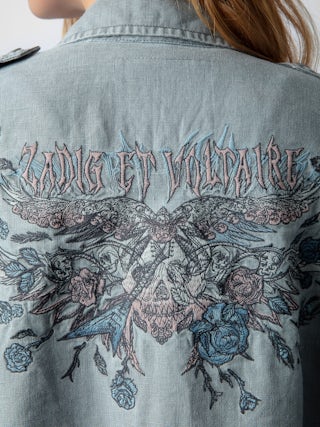 Veste Kid Lin - Veste militaire en lin bleu clair à poches et motif ailes et skull au dos.