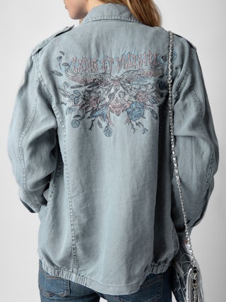 Veste Kid Lin - Veste militaire en lin bleu clair à poches et motif ailes et skull au dos.
