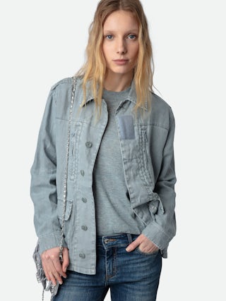 Veste Kid Lin - Veste militaire en lin bleu clair à poches et motif ailes et skull au dos.