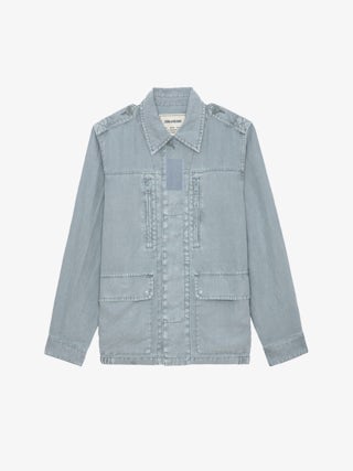 Veste Kid Lin - Veste militaire en lin bleu clair à poches et motif ailes et skull au dos.