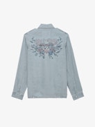 Veste Kid Lin - Veste militaire en lin bleu clair à poches et motif ailes et skull au dos.