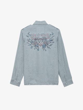 Veste Kid Lin - Veste militaire en lin bleu clair à poches et motif ailes et skull au dos.