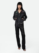 Jeansjacke Kasy - Graue Oversize-Jacke aus Denim mit aufgestickten, aufgesteppten Motiven und Verzierungen von Humberto Cruz.