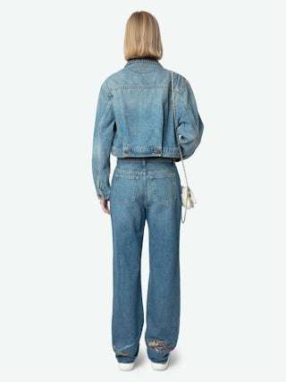 Aretha Cropped Jacket - Women's medium wash cropped denim jacket.