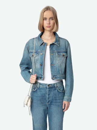 Aretha Cropped Jacket - Women's medium wash cropped denim jacket.