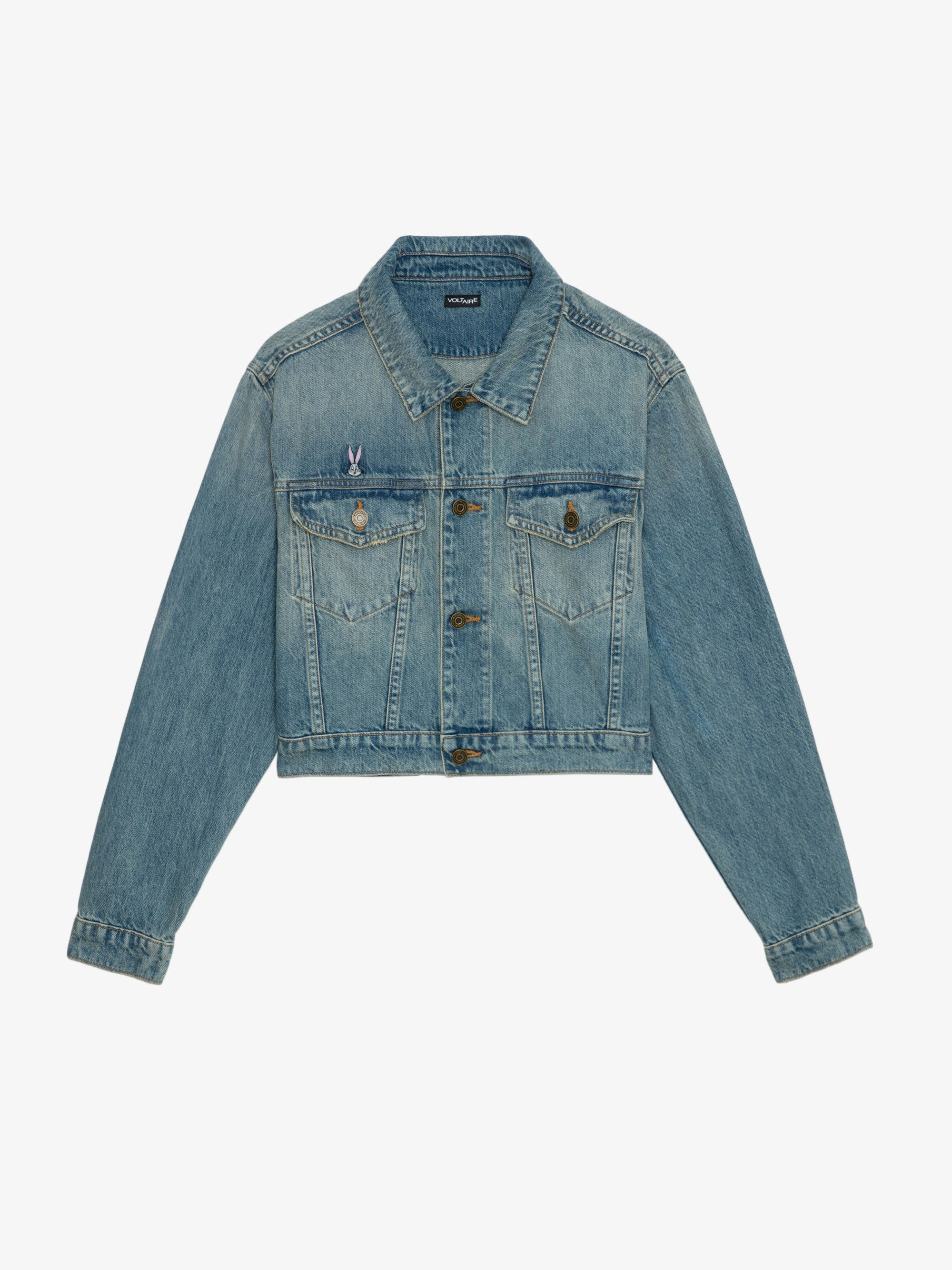 Aretha Cropped Patches Jacket - Women's medium wash cropped denim jacket with Warner Bros. patch on back.