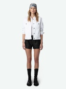 Kaely Denim Jacket - White button-up denim jacket with pockets, raw edges and ‘Love Yourself’ embroidered on the back.