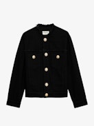 Veste Kaely Denim - Veste en denim noir à fermeture boutonnée, poches, bords francs et broderie "Love Yourself" au dos.