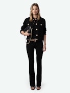 Veste Kaely Denim - Veste en denim noir à fermeture boutonnée, poches, bords francs et broderie "Love Yourself" au dos.