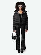 Keli Puffer Coat - Short black quilted puffer coat with drawstring hood, pockets and signature wings on left arm.