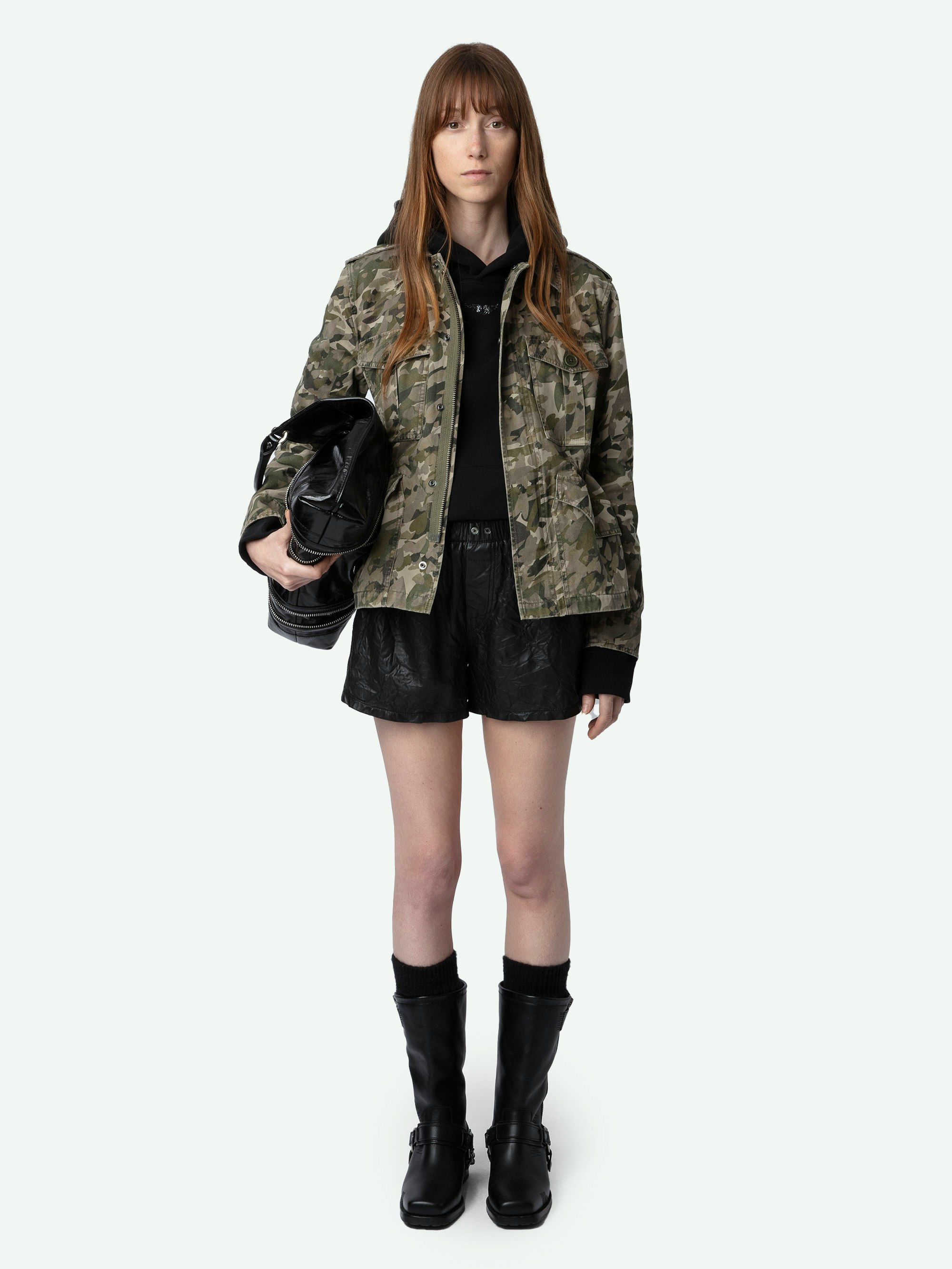 Krisa Parka - Short khaki cotton canvas combat parka with camouflage heart print and pockets.