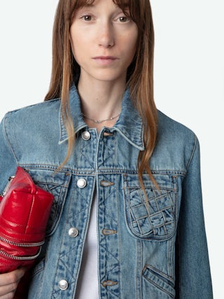Kioka Denim Jacket - Faded denim jacket with zip and button fastening, pockets and braided details.