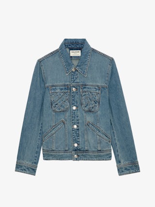 Kioka Denim Jacket - Faded denim jacket with zip and button fastening, pockets and braided details.