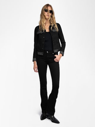 Kioky Denim Jacket - Fitted denim jacket with buttons, rhinestones, and multiple pockets.