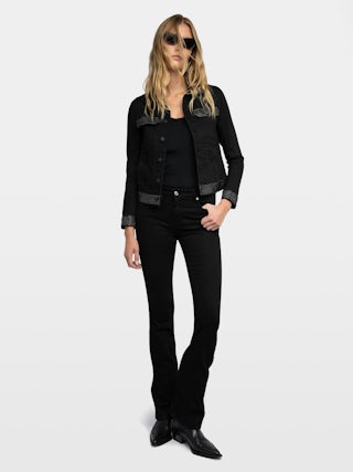 Kioky Denim Jacket - Fitted denim jacket with buttons, rhinestones, and multiple pockets.