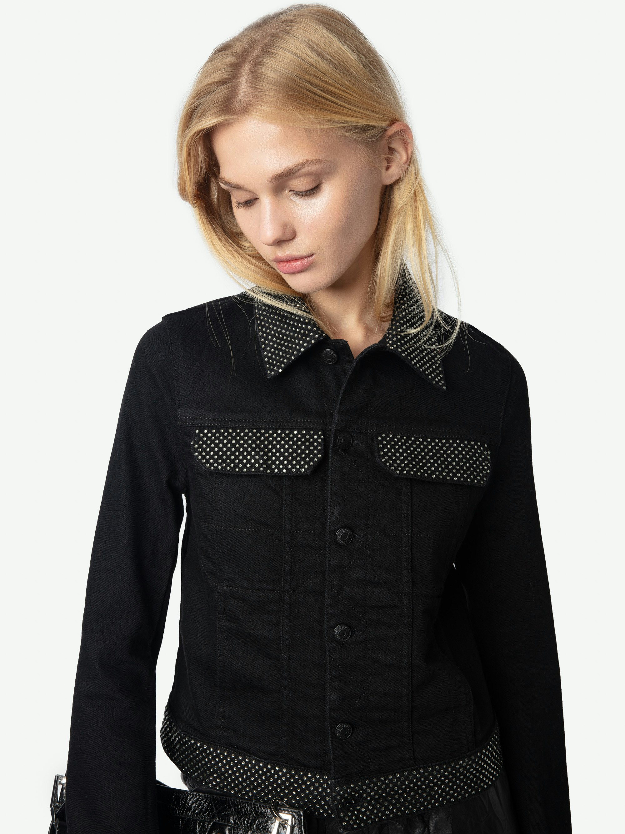Kioky Black Denim Jacket with Rhinestones - Fitted denim jacket with buttons, rhinestones, and multiple pockets.