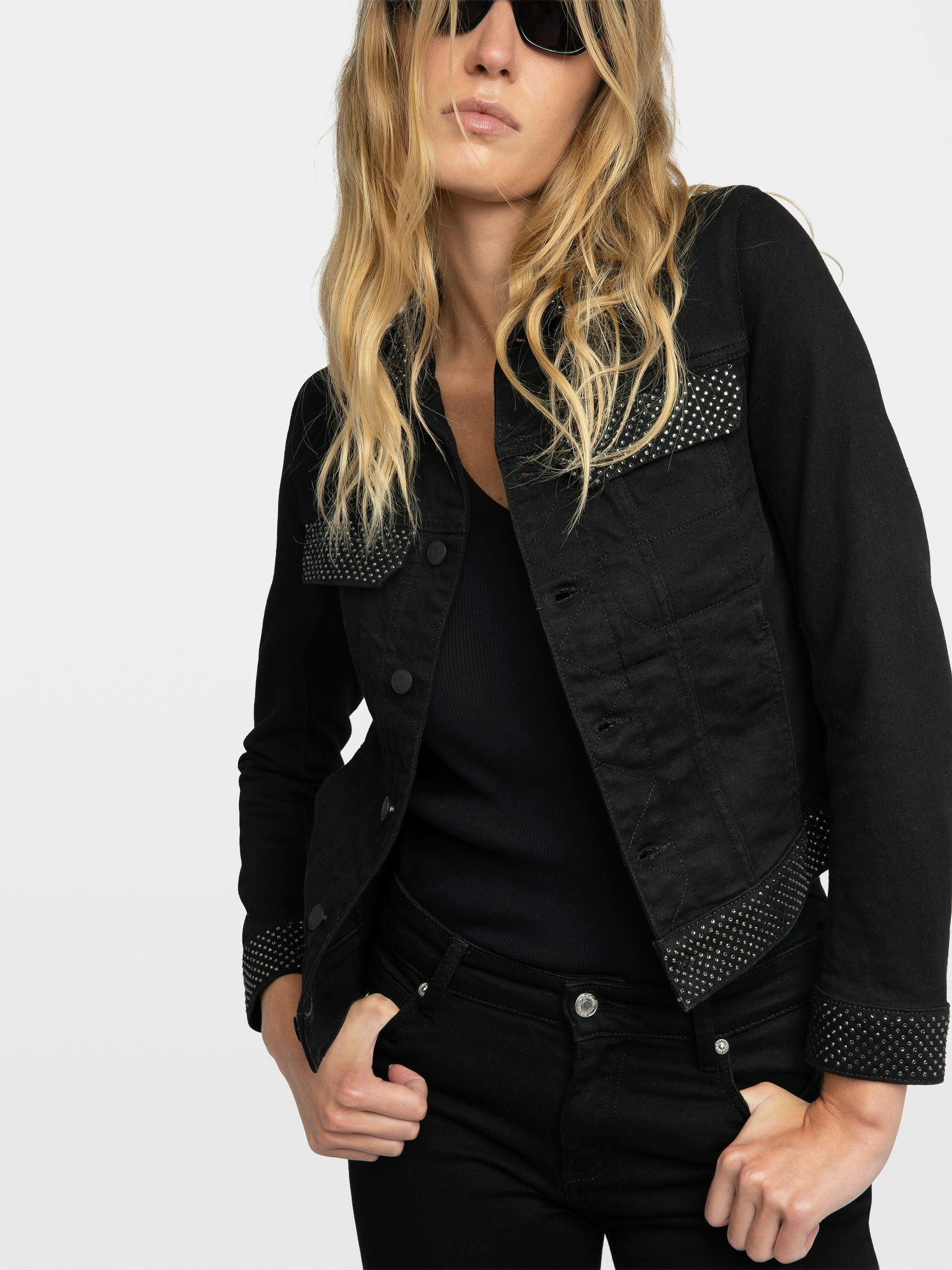 Kioky Diamanté Denim Jacket - Fitted denim jacket with buttons, rhinestones, and multiple pockets.