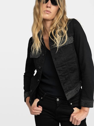 Kioky Denim Jacket - Fitted denim jacket with buttons, rhinestones, and multiple pockets.