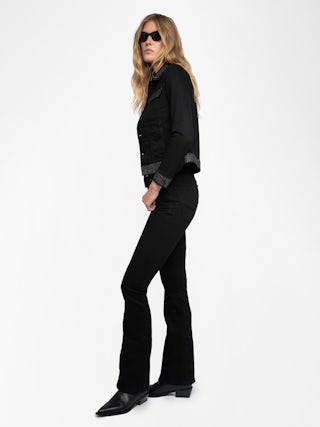 Kioky Denim Jacket - Fitted denim jacket with buttons, rhinestones, and multiple pockets.