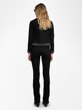 Kioky Denim Jacket - Fitted denim jacket with buttons, rhinestones, and multiple pockets.