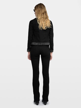 Kioky Denim Jacket - Fitted denim jacket with buttons, rhinestones, and multiple pockets.