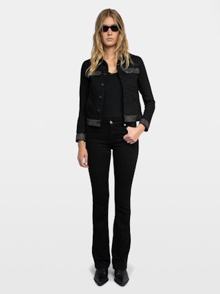 Kioky Diamanté Denim Jacket - Fitted denim jacket with buttons, rhinestones, and multiple pockets.