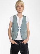 Gillier Denim Vest - This sleeveless denim vest is punctuated with silver studs and a raw edge finish—distressed just right. Layer it over everything, wear it like armor. Bold, free, undeniably Zadig.