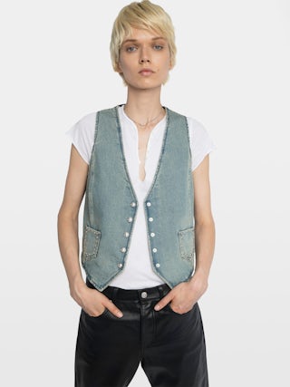 Gillier Denim Waistcoat - Denim waistcoat, western spirit applied front pockets.