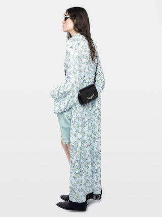 Long Viscose Floral Blue Kimono - Long printed viscose kimono with short sleeves and fringe finish.