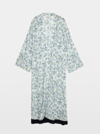 Long Viscose Floral Blue Kimono - Long printed viscose kimono with short sleeves and fringe finish.
