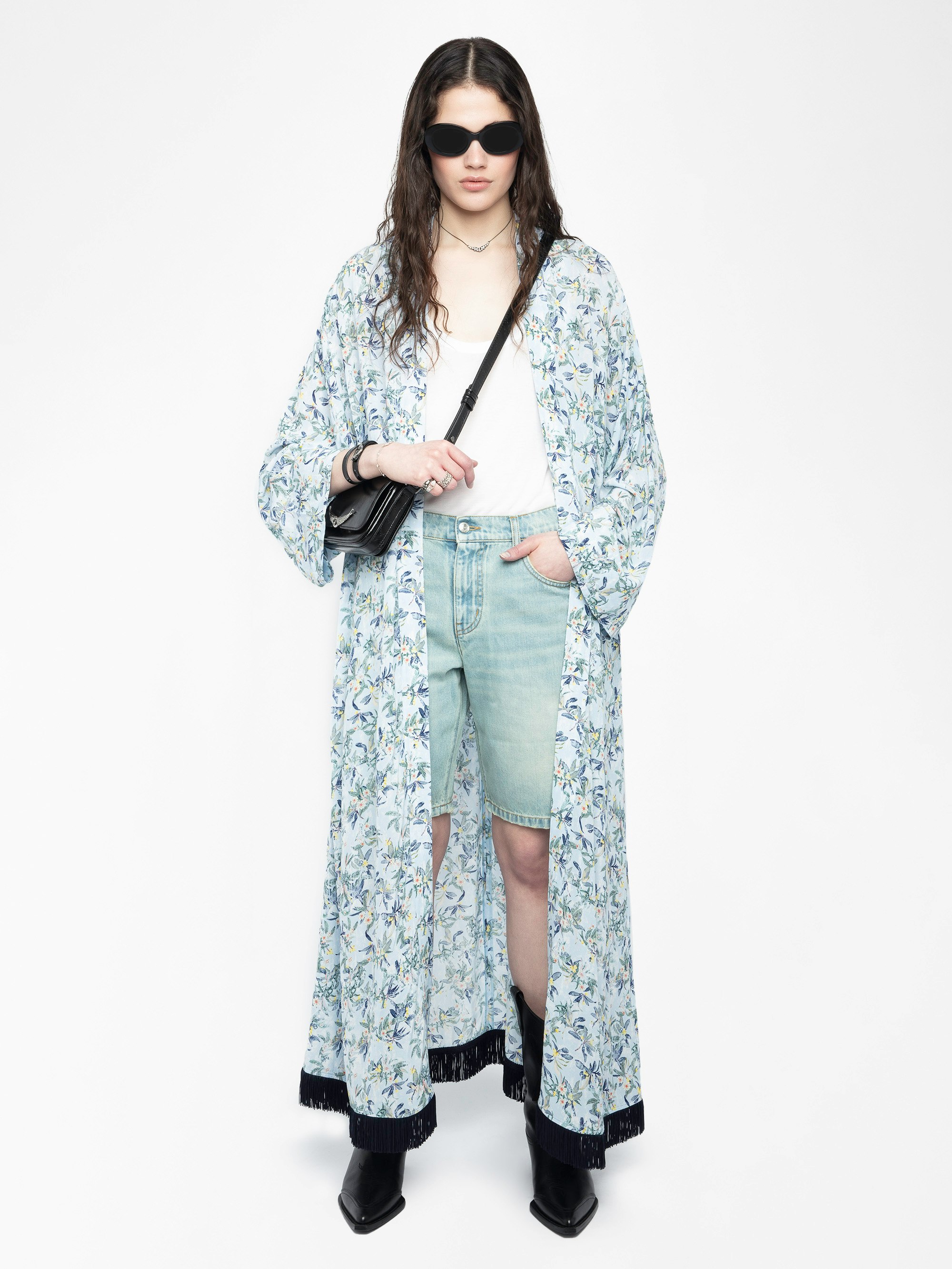100% Silk Kimono - Long printed silk kimono with short sleeves and fringe finish.