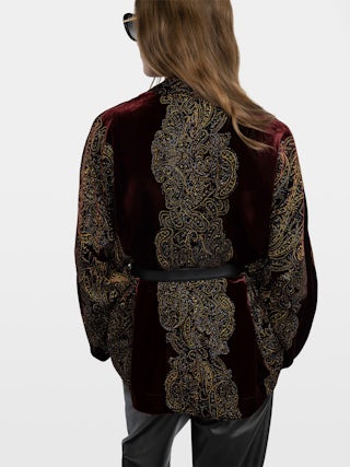 Velvet Kimono Robe - Kimono in sequined paisley velvet. Please note this product is one size only. Each piece has unique placement of the paisley embroidery.