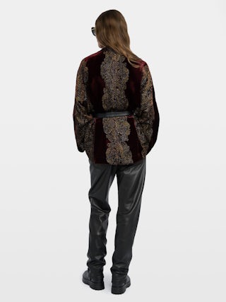 Velvet Kimono Robe - Kimono in sequined paisley velvet. Please note this product is one size only. Each piece has unique placement of the paisley embroidery.