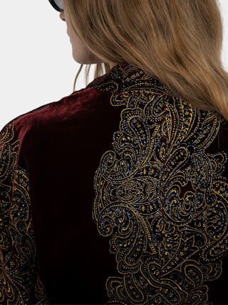 Velvet Kimono Robe - Kimono in sequined paisley velvet. Please note this product is one size only. Each piece has unique placement of the paisley embroidery.