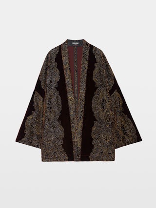 Velvet Kimono Robe - Kimono in sequined paisley velvet. Please note this product is one size only. Each piece has unique placement of the paisley embroidery.