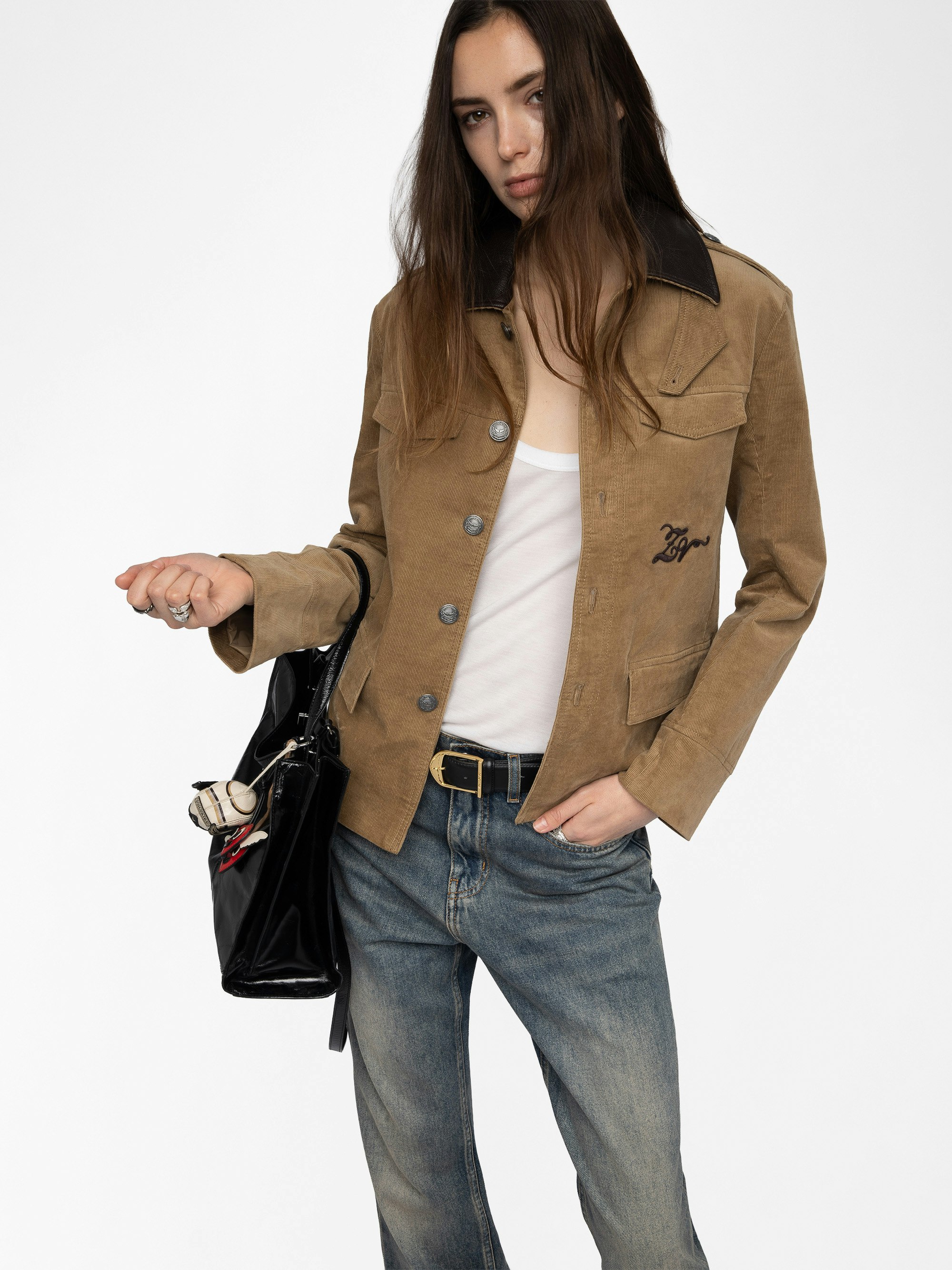 Veram Jacket - Military-inspired jacket in corduroy, button closure, leather collar, removable flap and multiple pockets.