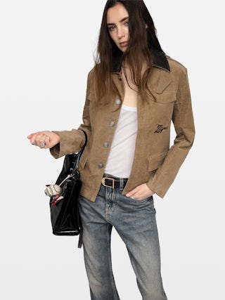 Veram Jacket - Military-inspired jacket in corduroy, button closure, leather collar, removable flap and multiple pockets.