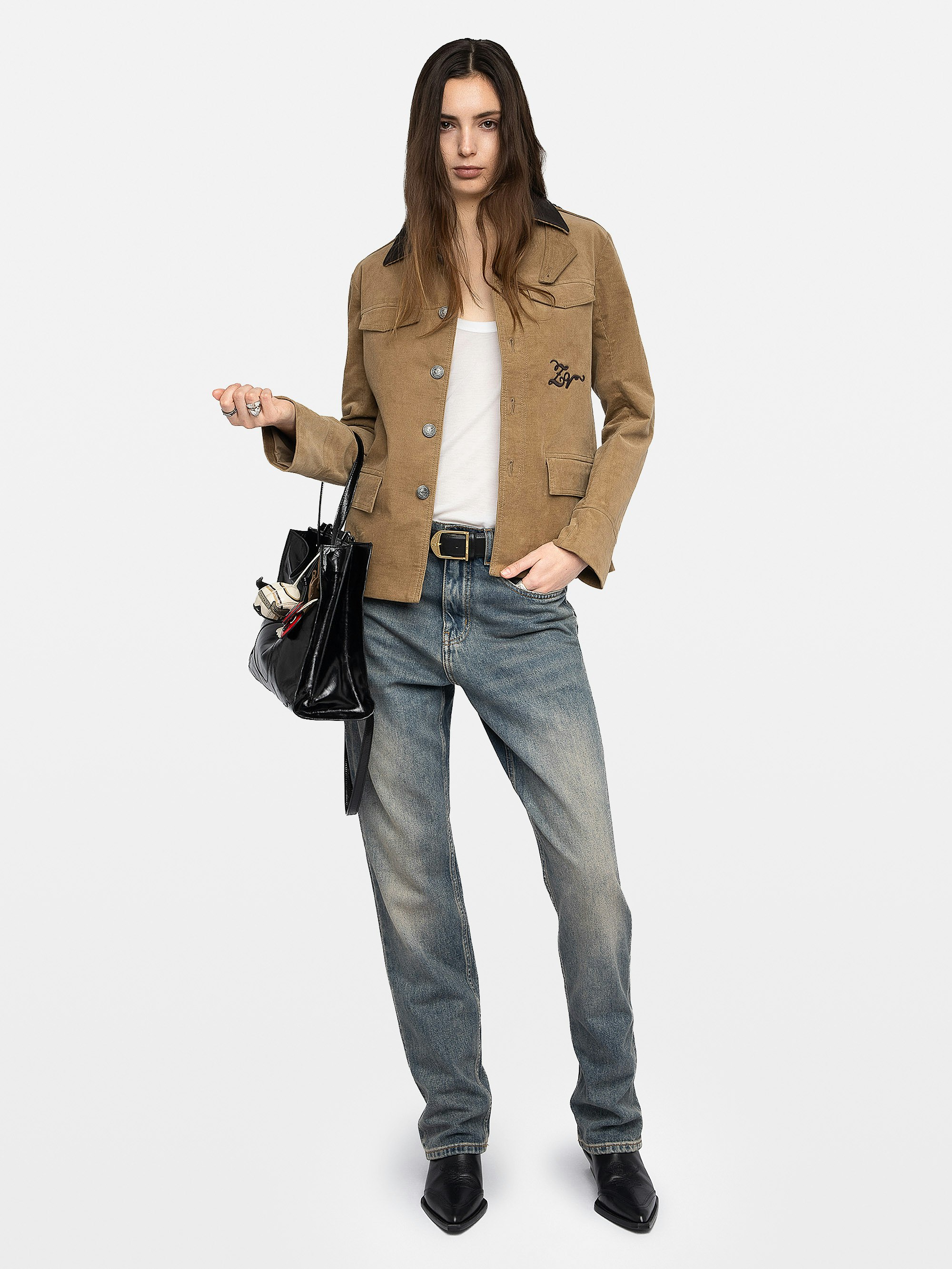 Veram Jacket - Military-inspired jacket in corduroy, button closure, leather collar, removable flap and multiple pockets.