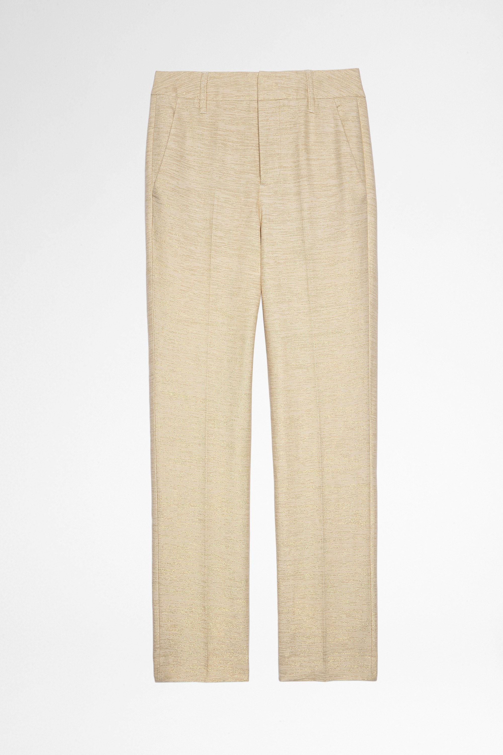 Pantalón Posh Lino Pantalón beige de lino con hilos metalizados dorados para mujer