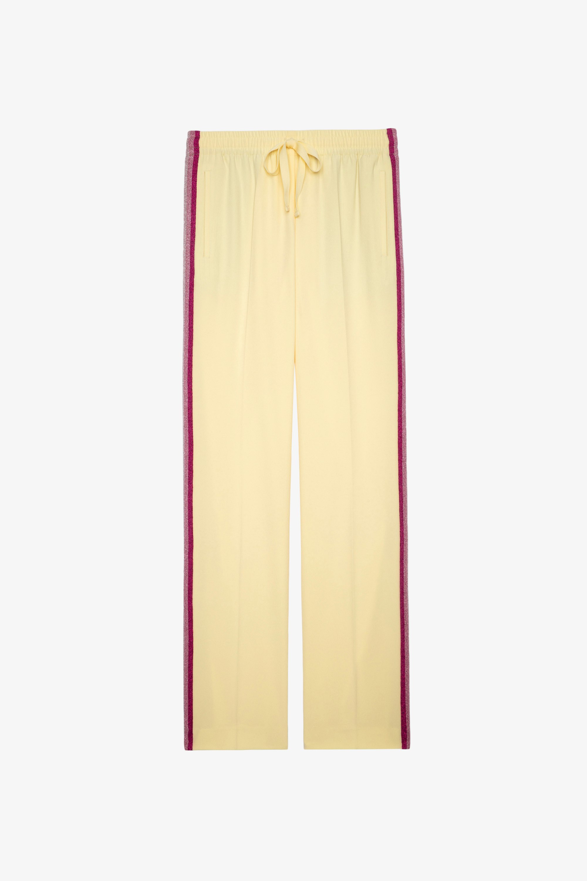 Pantalón Pomy Crepe Pantalón fluido amarillo con bandas laterales de purpurina para mujer