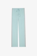 Pomy Trousers - Women's sky blue crepe trousers with glittering side stripes